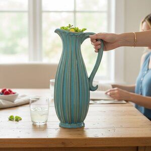 Vintage Style Porcelain Teal Ribbed Flower Vase Pitcher